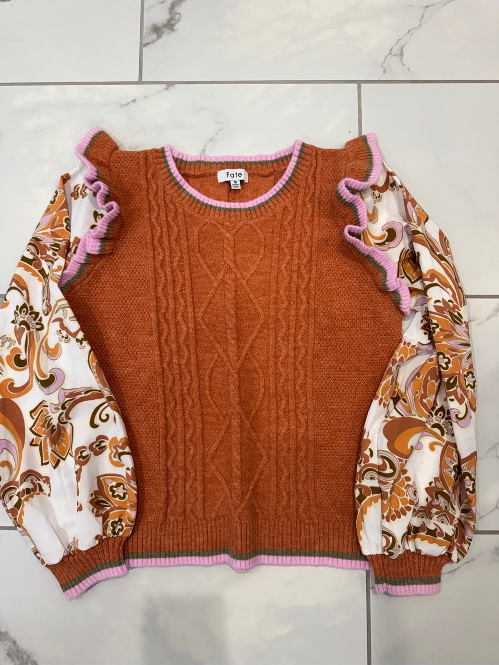 Fate Rust Cable Knit Sweater with Pink Trim and Patterned Balloon Sleeves
